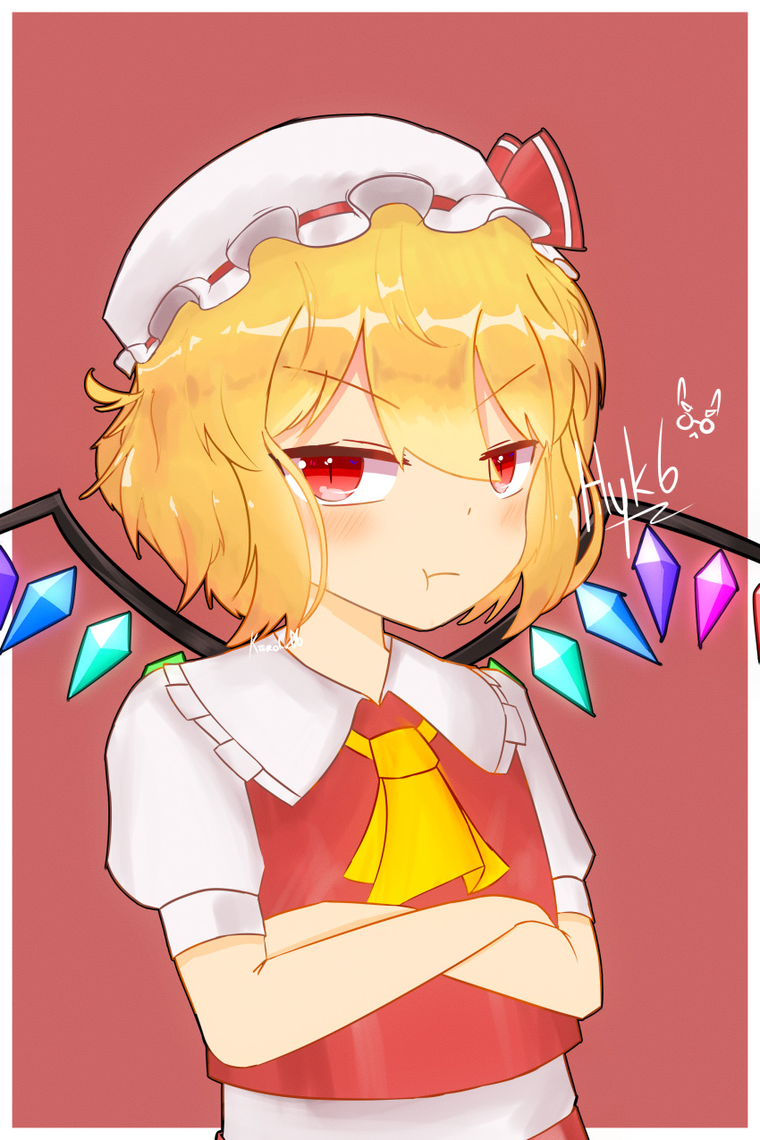1girl, absurdres, ascot, blonde_hair, blush, border, bow, closed_mouth