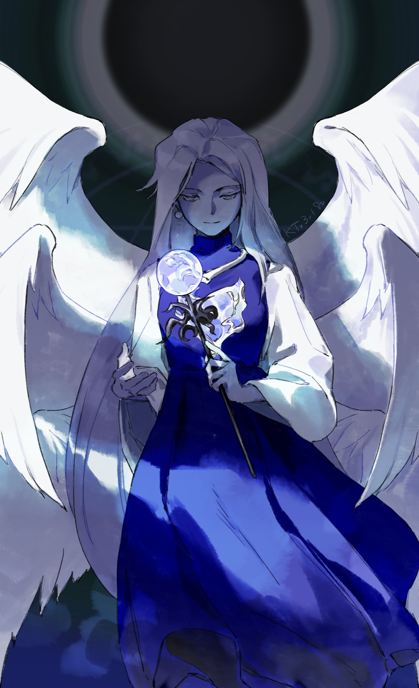 1girl, angel, angel_wings, blue_dress, dress, earrings, feathered_wings, highres