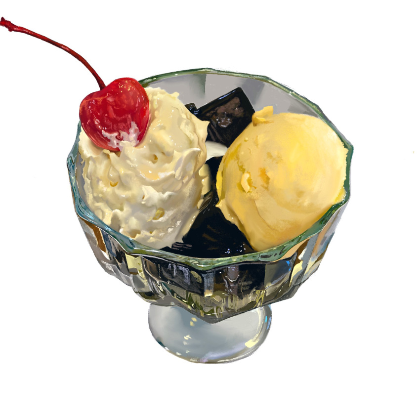 bowl, cherry, dessert, food, food_focus, fruit, glass_bowl, grass_jelly, highres, ice_cream, no_humans, original, photorealistic, realistic, simple_background, still_life, white_background, yasuta_kaii32i