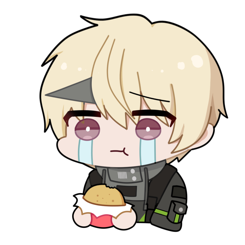 1boy, black_jacket, blonde_hair, bright_pupils, chibi, chibi_only, chinese_commentary, commentary_request, crying, eating, euyueuy, food, holding, holding_food, jacket, kamui:_tenebrion_(pgr), kamui_(pgr), male_focus, official_art, pink_eyes, punishing:_gray_raven, short_hair, simple_background, solo, streaming_tears, tears, upper_body, white_background, white_pupils