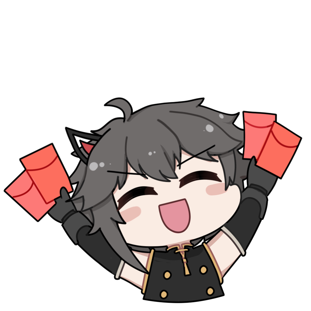 1boy, :d, arms_up, black_shirt, changyu:_qilin_(pgr), changyu_(pgr), chibi, chibi_only