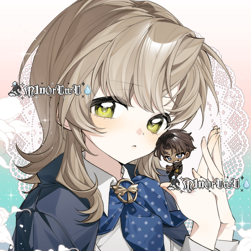 1boy, 1girl, :<, aqua_background, artist_request, black_hair, black_jacket, black_pants, blue_cape, blue_eyes, blue_neckerchief, brown_hair, cape, chibi, chibi_inset, collared_shirt, commission, gradient_background, green_eyes, grin, hands_up, highres, holding_miniperson, jacket, joe_(reverse:1999), looking_at_viewer, medium_hair, mini_person, miniboy, neckerchief, own_hands_together, pants, paulina_(reverse:1999), pink_background, pixel_text, polka_dot_neckerchief, raised_eyebrow, reverse:1999, second-party_source, shirt, smile, solo_focus, step-brother_and_step-sister, step-siblings, stuffed_animal, stuffed_toy, teddy_bear, two-tone_background, watermark, white_shirt