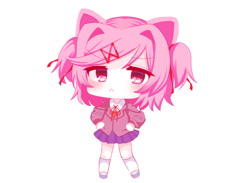 1girl, animal_ears, cat_ears, chibi, doki_doki_literature_club, full_body, hair_ornament, hair_ribbon