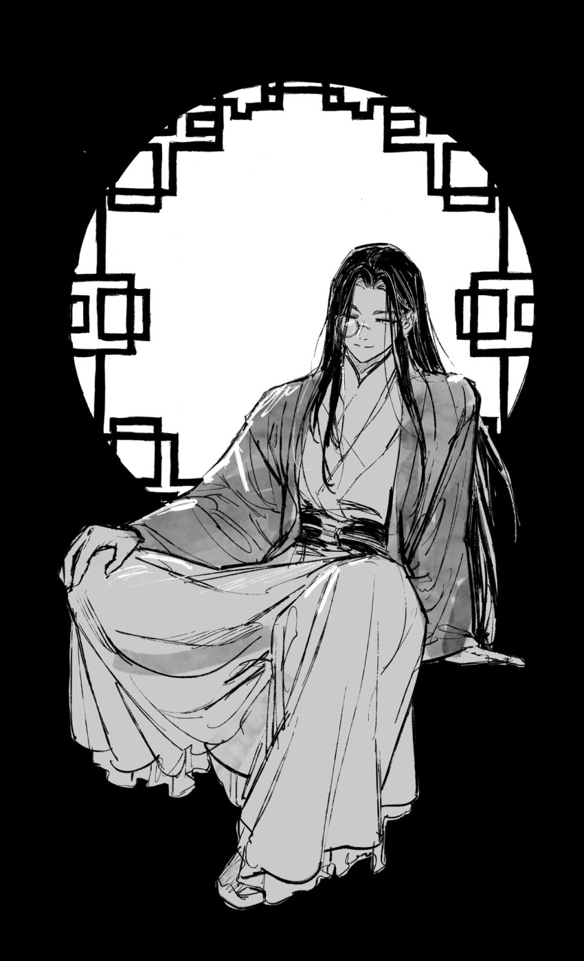 1boy, arm_support, chinese_clothes, chuckchuck, closed_mouth, full_body, greyscale, gu_yun