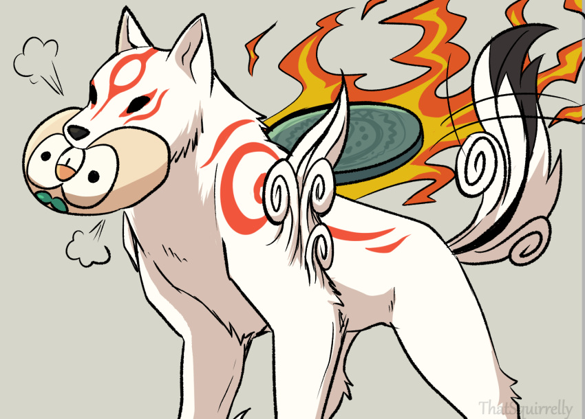 amaterasu_(ookami), bird, black_eyes, commentary, fire, grey_background, isso_(thatsquirrelly), ookami_(game)