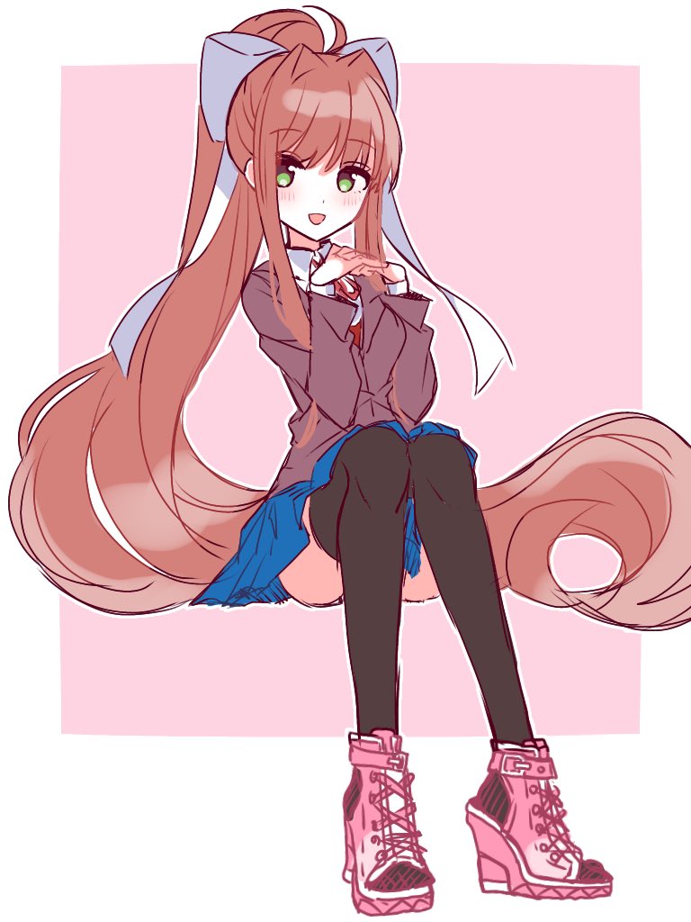 1girl, bow, brown_hair, doki_doki_literature_club, green_eyes, hair_bow, hair_ornament, hair_ribbon, jacket, kotohatoko510, long_hair, long_sleeves, looking_at_viewer, monika_(doki_doki_literature_club), open_mouth, ponytail, ribbon, school_uniform, shirt, sidelocks, skirt, smile, solo, very_long_hair, white_bow, white_ribbon