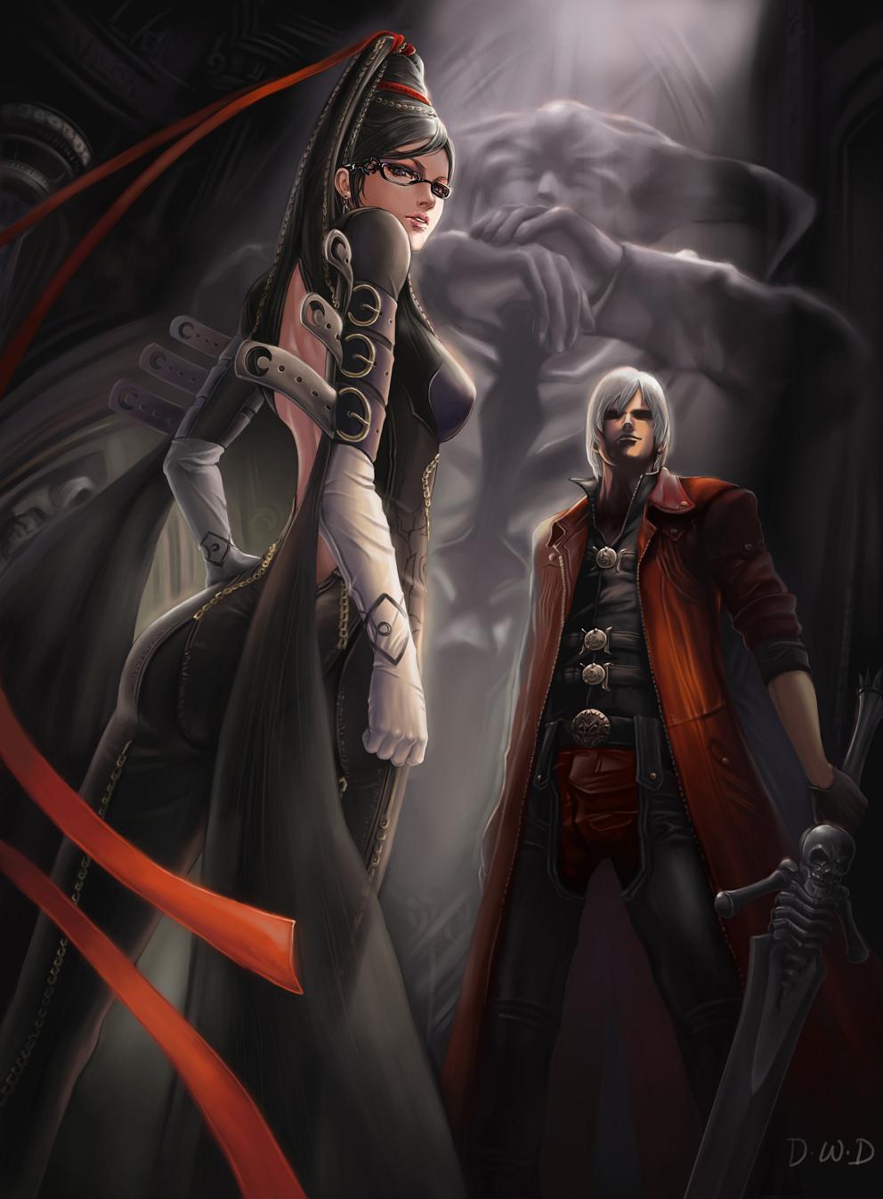 1boy, 1girl, bare_back, bayonetta, bayonetta_(character), belt, black_eyes, black_hair