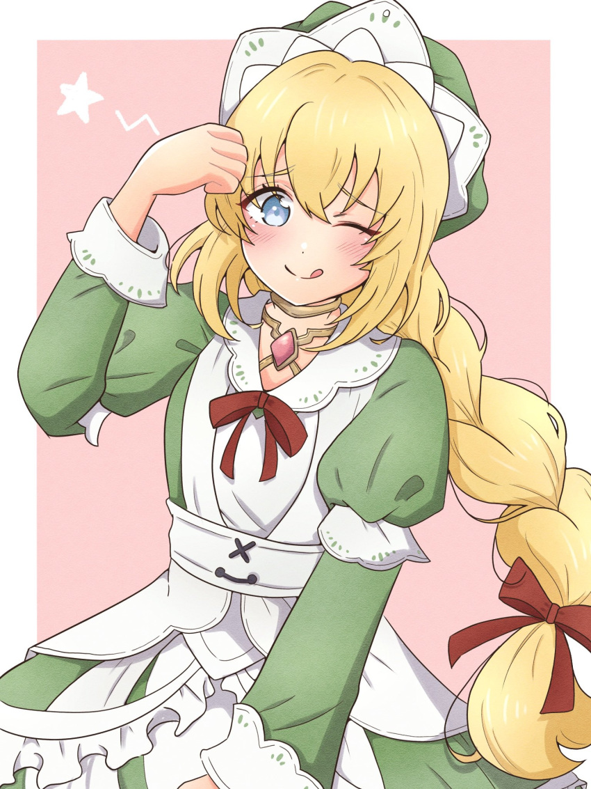 1girl, :q, alternate_costume, blonde_hair, blue_eyes, blush, border, colette_brunel