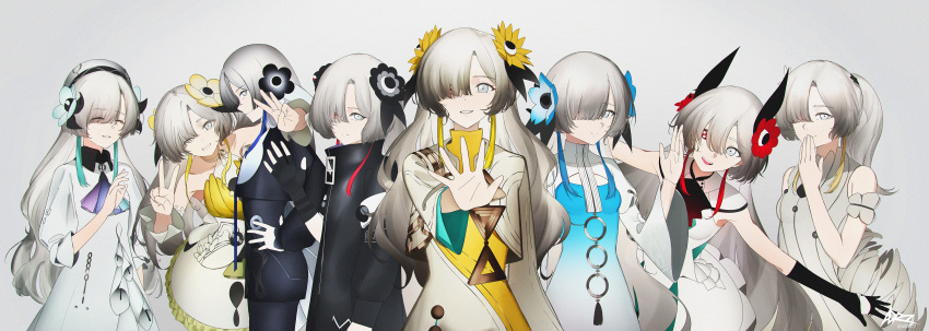 6+girls, absurdres, adrzff7, anemone_(flower), ascot, asymmetrical_bangs, beret, black_flower, blue_flower, blunt_bangs, commentary, dress, finger_counting, flower, gradient_hair, grey_eyes, hair_flower, hair_ornament, hair_over_one_eye, hat, high_collar, highres, isekaijoucho, kamitsubaki_studio, long_hair, long_sleeves, medium_dress, milestone_celebration, multicolored_clothes, multicolored_dress, multicolored_hair, multiple_girls, nemophila_(flower), one_eye_covered, pale_skin, red_flower, short_sleeves, simple_background, skirt, skirt_set, sunflower, upper_body, virtual_youtuber, white_flower, white_hair, wide_shot, yellow_flower
