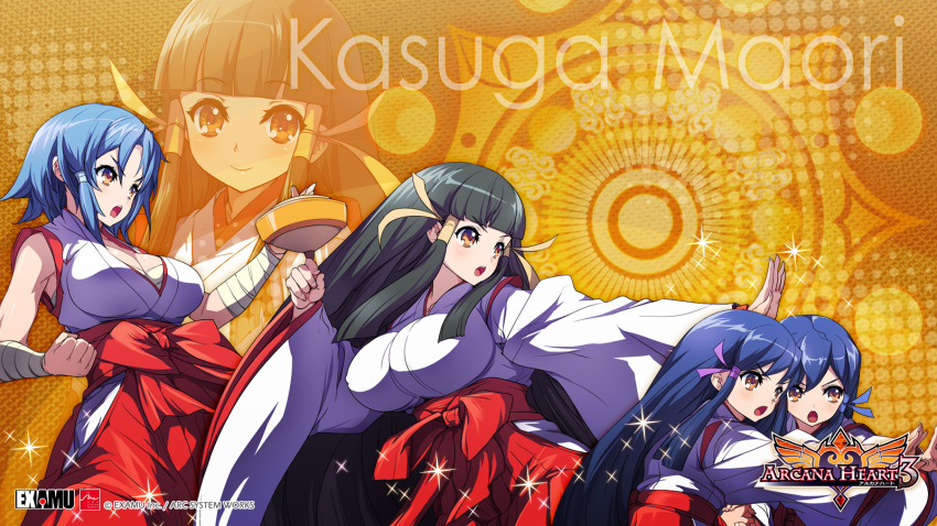 16:9, akaga_hirotaka, arcana_heart, arcana_heart_3, bandages, bangs, black_hair, blue_hair