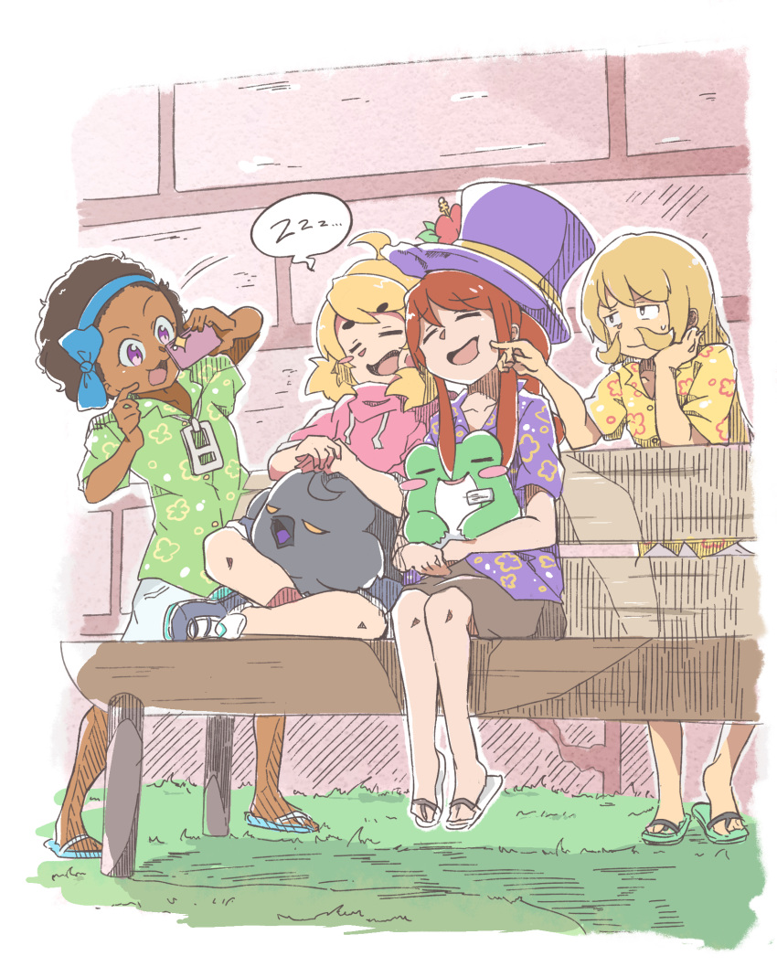 ..., 1other, 3girls, :3, a_hat_in_time, ahoge, alternate_costume, androgynous, animal_on_lap, beak, bench, bird, bird_on_lap, black_bird, blonde_hair, blue_bow, blue_footwear, blue_hairband, blush_stickers, border, bow, bow_hairband, bow_kid, brick_wall, brown_hair, brown_shorts, buttons, cellphone, cheek_poking, closed_eyes, closed_mouth, collarbone, collared_shirt, commentary_request, crossover, crow, dark-skinned_female, dark_skin, elbow_rest, facial_hair, floral_print, floral_print_shirt, flower, frog, frog_on_lap, full_body, grass, green_footwear, green_shirt, grey_footwear, grey_shorts, hairband, hand_on_own_face, hat, hat_flower, hat_kid, hat_ribbon, hawaiian_shirt, here_comes_niko!, highres, holding, holding_phone, leaf, leaning_forward, leaning_on_object, long_hair, looking_at_another, medium_hair, multiple_girls, mustache, mustache_girl, name_tag, niko_(here_comes_niko!), official_alternate_costume, on_bench, on_lap, open_mouth, oudon_tue, own_hands_together, parted_lips, phone, pink_flower, pink_shirt, poking, ponytail, purple_hat, purple_shirt, ribbon, running_bond, sandals, shirt, shoes, short_hair, short_sleeves, shorts, sidelocks, sleeping, small_sweatdrop, smartphone, smile, sneakers, speech_bubble, spoken_zzz, taking_picture, top_hat, violet_eyes, white_border, white_footwear, white_shorts, yellow_eyes, yellow_ribbon, yellow_shirt, zipper_pull_tab, zzz