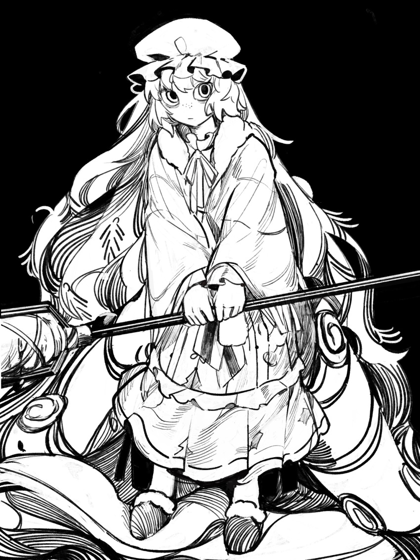 1girl, christmas_nightmare_(e.g.o), closed_mouth, dress, e.g.o_(project_moon), freckles, full_body, greyscale
