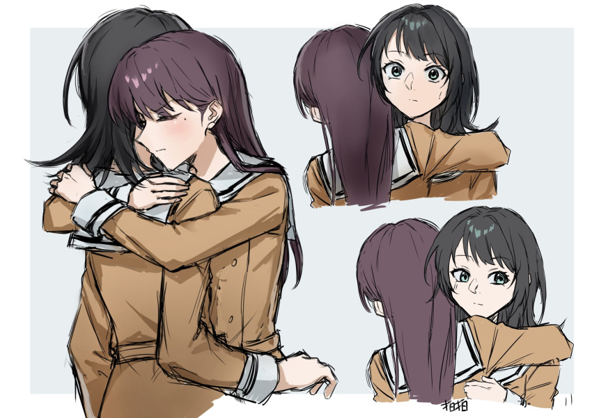 2girls, bang_dream!, bang_dream!_it's_mygo!!!!!, black_hair, blue_eyes, border, brown_dress, brown_hair, closed_eyes, closed_mouth, commentary, dress, hanasakigawa_school_uniform, hashtag-only_commentary, highres, hug, long_hair, long_sleeves, medium_hair, mole, mole_under_eye, multiple_girls, outside_border, sailor_collar, sailor_dress, school_uniform, shiina_taki, trileo405, white_border, white_sailor_collar, yahata_umiri, yuri