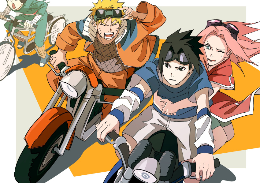 1girl, 3boys, absurdres, bandaged_arm, bandages, bicycle, black_eyes, black_hair