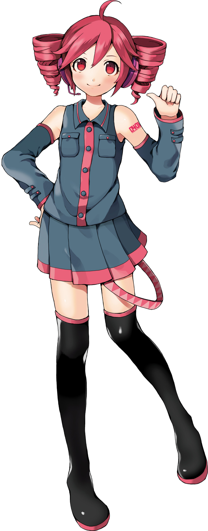 1girl, 2011, absurdres, ahoge, bare_shoulders, black_footwear, blue_shirt, blue_skirt