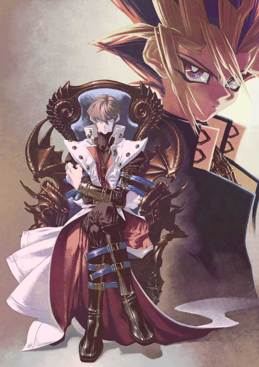 artist_request, blue_eyes, brown_hair, card_pendant, coat, crossed_legs, duel_monster, highres