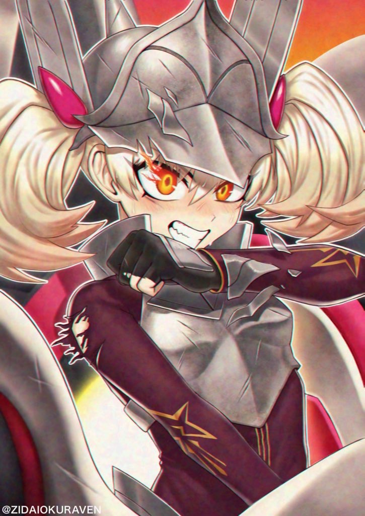 1girl, armor, black_gloves, blonde_hair, breastplate, centur-ion_primera, clenched_teeth, duel_monster