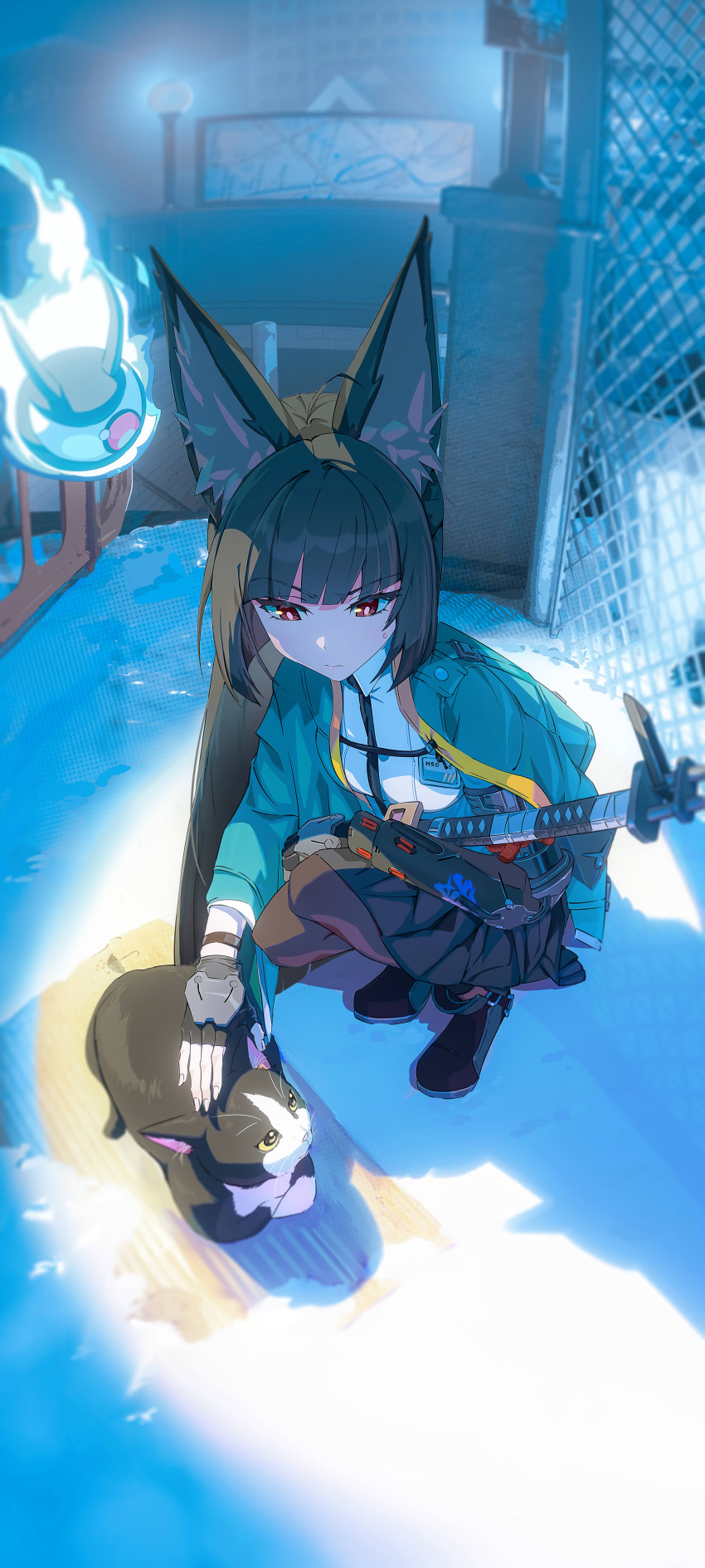 1girl, absurdres, animal_ear_fluff, animal_ears, black_footwear, black_gloves, black_hair, black_necktie