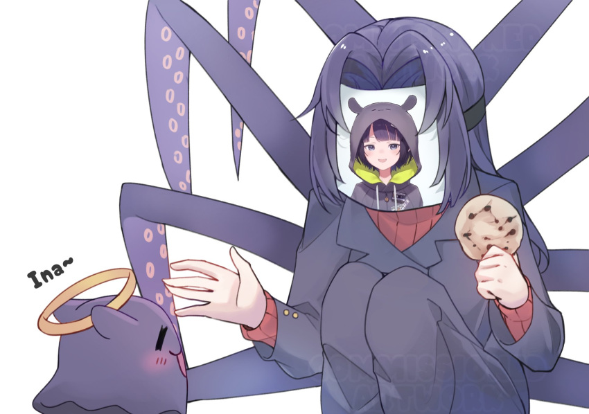 1girl, arthropod_limbs, black_hair, black_pants, catricius, character_mask, cookie, food