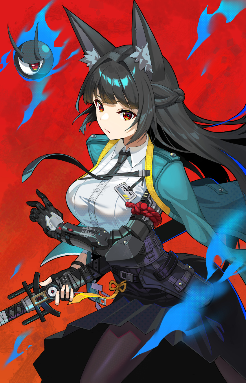 1girl, absurdres, animal_ear_fluff, animal_ears, binnn_ze, black_gloves, black_hair, black_necktie, black_pantyhose, black_skirt, blue_fire, blunt_bangs, breasts, closed_mouth, commentary, cowboy_shot, dress_shirt, fingerless_gloves, fingerprint, fire, fox_ears, fox_girl, frown, gauntlets, gloves, gradient_background, green_jacket, hair_intakes, half_up_braid, halftone, high-waist_skirt, highres, holding, holding_sword, holding_weapon, hoshimi_miyabi, id_card, jacket, katana, large_breasts, long_hair, looking_at_viewer, looking_to_the_side, necktie, open_clothes, open_jacket, orange_background, pantyhose, pleated_skirt, red_background, red_eyes, ribbon, sheath, sheathed, shirt, sideways_glance, single_fingerless_glove, single_gauntlet, skirt, solo, sword, tailless_(zenless_zone_zero), weapon, white_shirt, yellow_ribbon, zenless_zone_zero