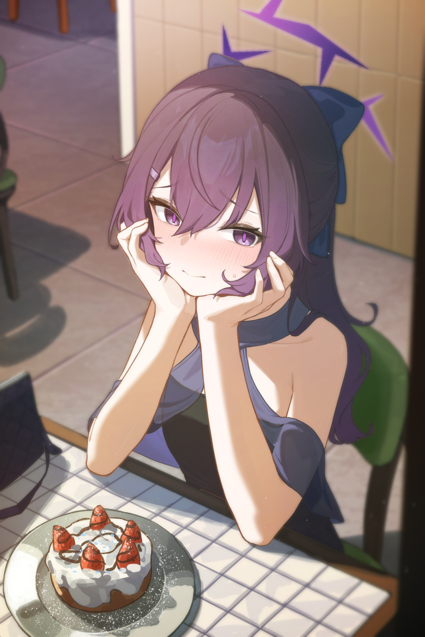 1girl, absurdres, bag, black_dress, blue_archive, blurry, blurry_background, blush