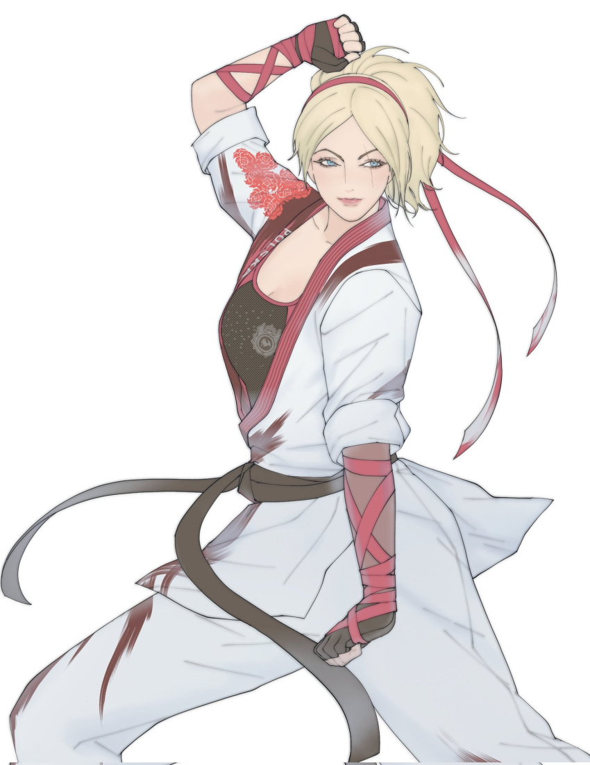 1girl, belt, black_belt, black_gloves, blonde_hair, blue_eyes, dougi, fingerless_gloves