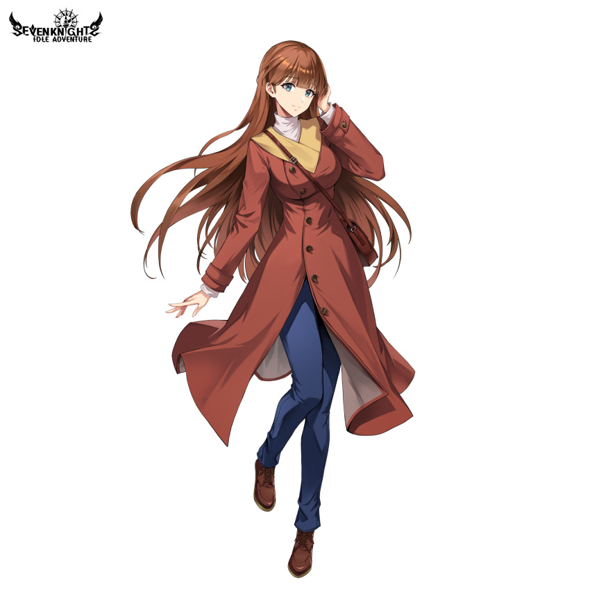 1girl, bag, blue_eyes, breasts, brown_coat, brown_footwear, brown_hair, coat