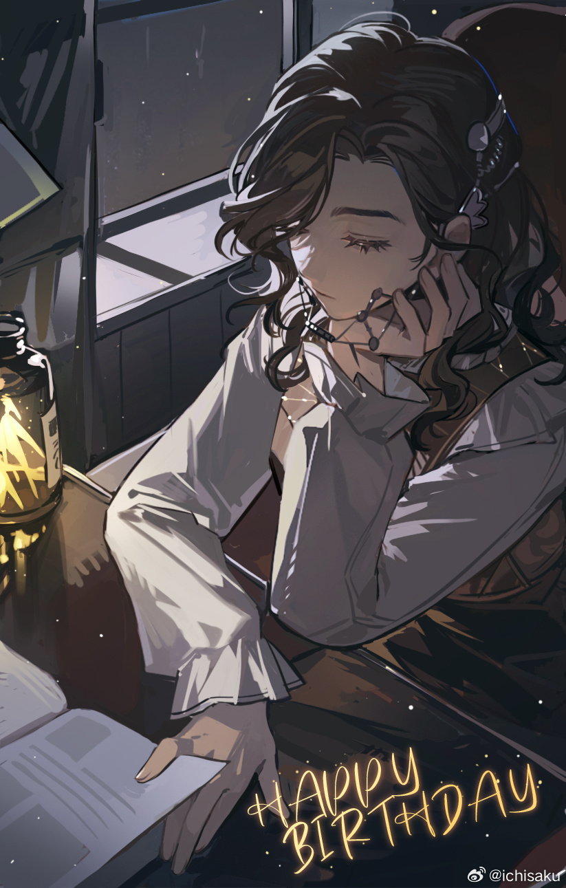 1girl, book, braces, brown_hair, closed_eyes, closed_mouth, creature, curly_hair