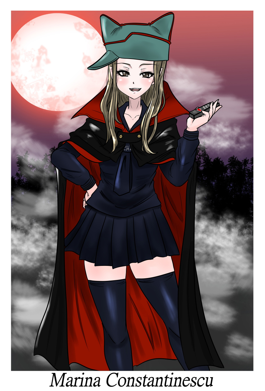 1girl, absurdres, black_cape, black_serafuku, black_thighhighs, blue_hat, blue_jacket, cape