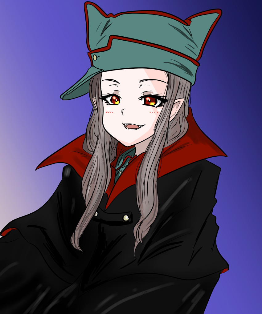 1girl, absurdres, black_cape, blue_hat, blue_jacket, cape, count_military_uniform, fangs