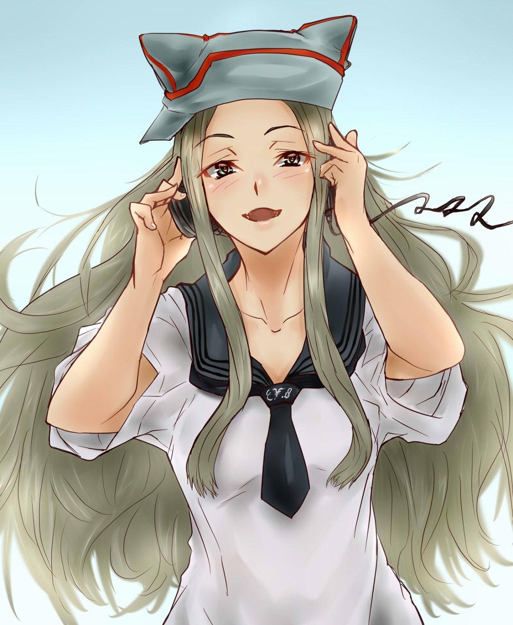 1girl, blue_hat, count_school_uniform, girls_und_panzer, girls_und_panzer_momi_no_ki_to_tetsu_no_hane_no_majo, grey_eyes, grey_hair, hat