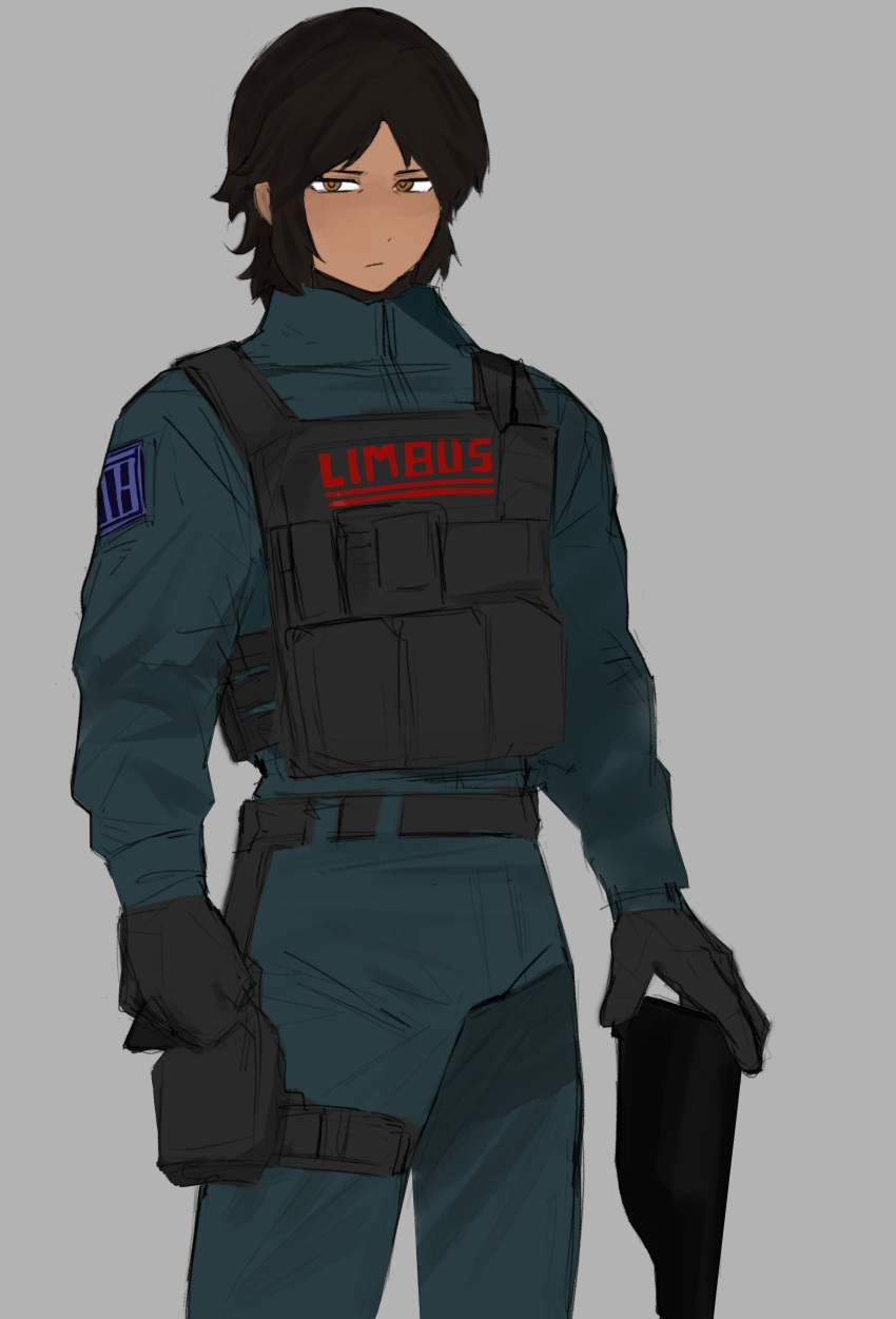 1girl, absurdres, belt, black_belt, black_gloves, black_vest, blue_jacket, blue_pants