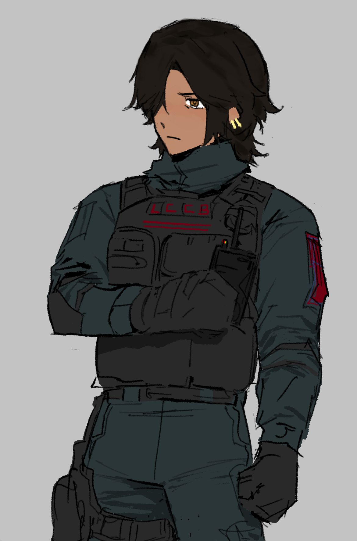 1girl, belt, black_gloves, blue_belt, blue_jacket, brown_eyes, brown_hair, cowboy_shot