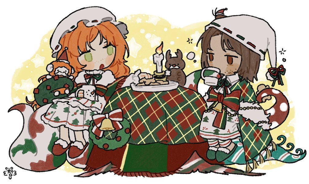 1boy, 1girl, bell, bow, bowtie, brown_eyes, brown_hair, candle, christmas_nightmare_(e.g.o), cryung9913, e.g.o_(project_moon), full_body, green_footwear, gregor_(project_moon), hat, ishmael_(project_moon), limbus_company, long_hair, medium_hair, mob_cap, neck_ribbon, open_mouth, orange_hair, plaid_clothes, plaid_shawl, plate, project_moon, red_footwear, ribbon, shawl, sidelocks, simple_background, slippers, striped_bow, striped_bowtie, striped_clothes, striped_shawl, stuffed_animal, stuffed_sheep, stuffed_toy, very_long_hair, white_background, white_hat