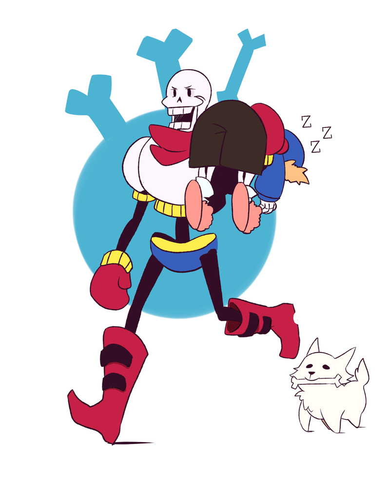 2016, 2boys, 2d, animal, annoying_dog, armor, black_shorts, blue_jacket, blue_shorts, boots, brothers, cape, carrying, carrying_over_shoulder, carrying_person, deviantart_sample, digital_media, dog, duplicate, fruitloop-chan, fur-trimmed_jacket, fur_trim, gloves, hood, hood_up, hooded_jacket, humanoid, image_sample, jacket, male, male_focus, male_only, monster, monster_boy, multiple_boys, papyrus_(undertale), pink_slippers, red_boots, red_cape, red_gloves, sans_(undertale), shorts, siblings, skeleton, slippers, teeth, trio, undead, undertale, utdr_(toby_fox), walking, white_armor