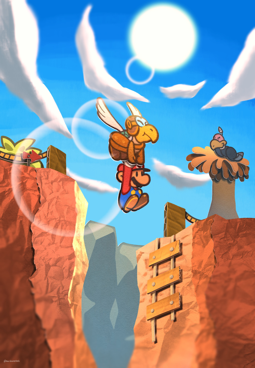 bird, bird_nest, black_eyes, blue_sky, brown_footwear, buzzar_(paper_mario), cabbie_hat, clouds, facial_hair, gloves, hat, highres, koopa_paratroopa, mailbag, maribou_(supermaribou), mario, mustache, nest, paper_mario, paper_mario_(character), paper_mario_64, parakarry, red_hat, red_shirt, shirt, sky, sun, super_mario_bros., vulture, white_gloves, wings