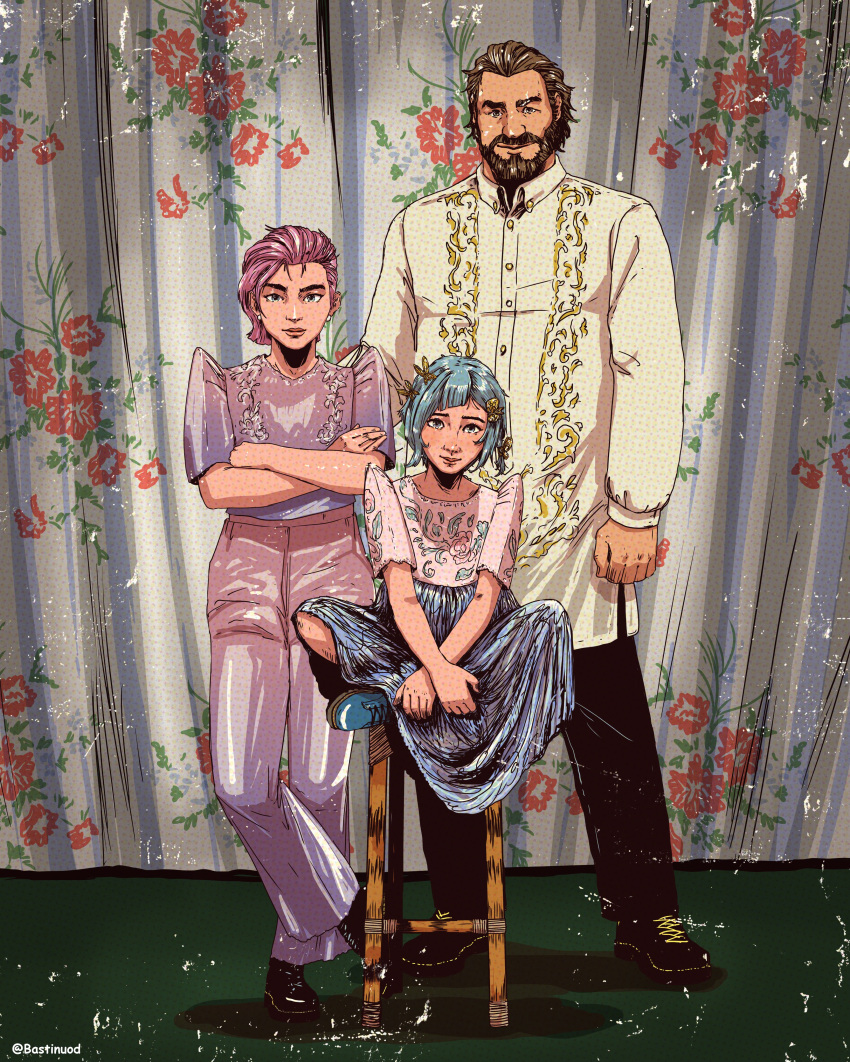 1boy, 2girls, absurdres, arcane:_league_of_legends, arcane_vi, artist_name, baro't_saya, barong_tagalog, bastinuod, beard, black_footwear, blue_dress, blue_footwear, blue_hair, brown_hair, crossed_arms, dress, ear_piercing, english_commentary, facial_hair, family_portrait, hair_ornament, highres, indian, league_of_legends, looking_at_viewer, multiple_girls, on_stool, pants, piercing, pink_hair, pink_pants, pink_shirt, powder_(arcane), shirt, sitting, smile, standing, standing_on_one_leg, twitter_username, vander_(arcane), vi_(league_of_legends), white_shirt