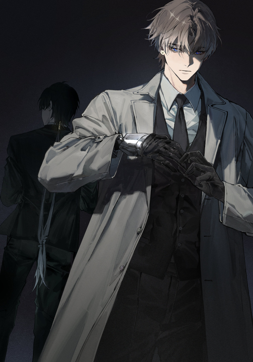 2boys, absurdres, alternate_costume, black_gloves, black_hair, black_jacket, black_necktie, black_pants