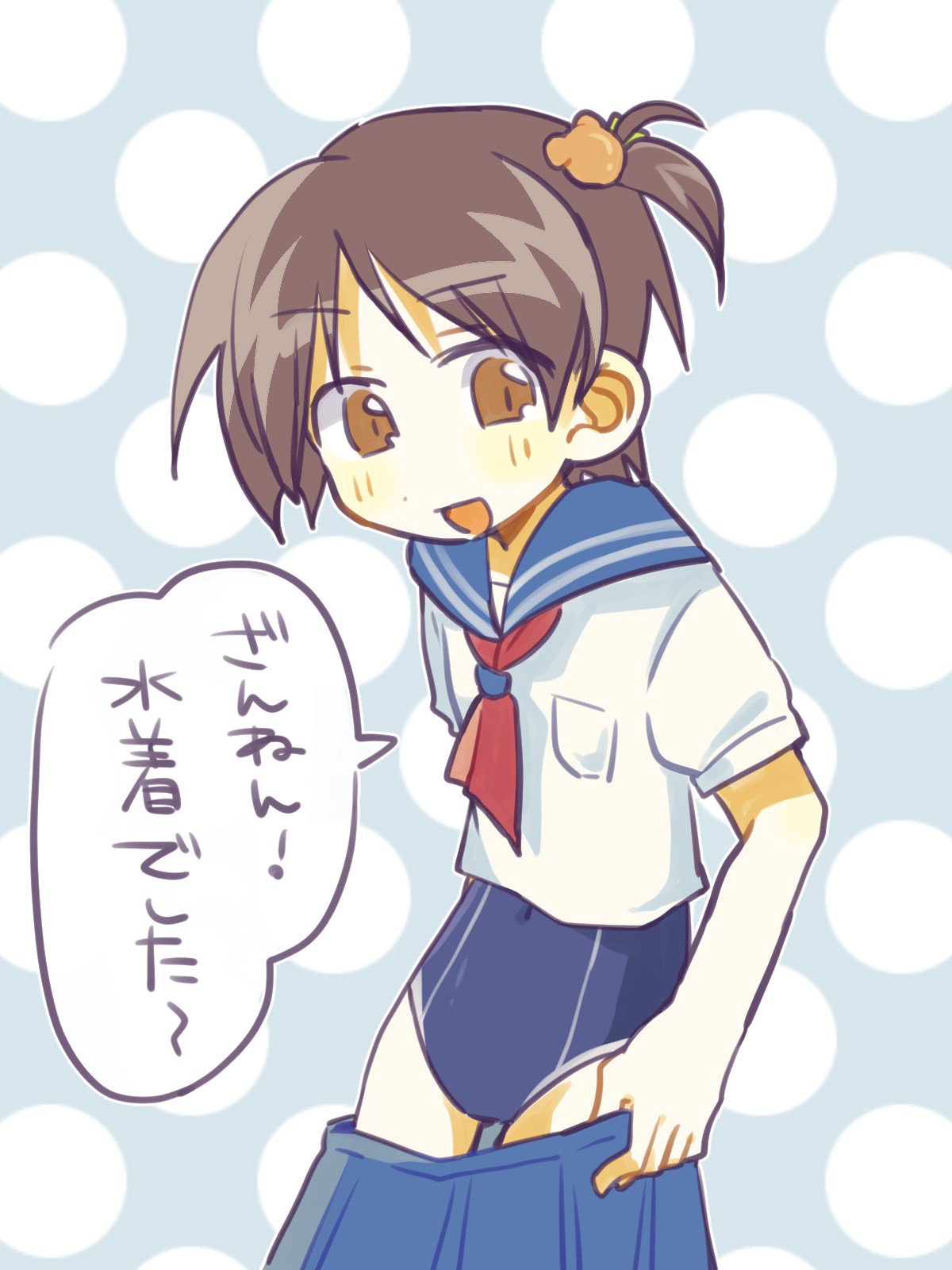 1girl, :d, blue_sailor_collar, blue_skirt, blush_stickers, brown_eyes, brown_hair, competition_school_swimsuit, covered_navel, cowboy_shot, fukami_hina, glasslip, hair_ornament, highres, looking_at_viewer, neckerchief, nm_shirasu, one-piece_swimsuit, open_mouth, pleated_skirt, sailor_collar, school_swimsuit, school_uniform, serafuku, short_hair, short_sleeves, side_ponytail, skirt, smile, solo, swimsuit, translation_request, undressing