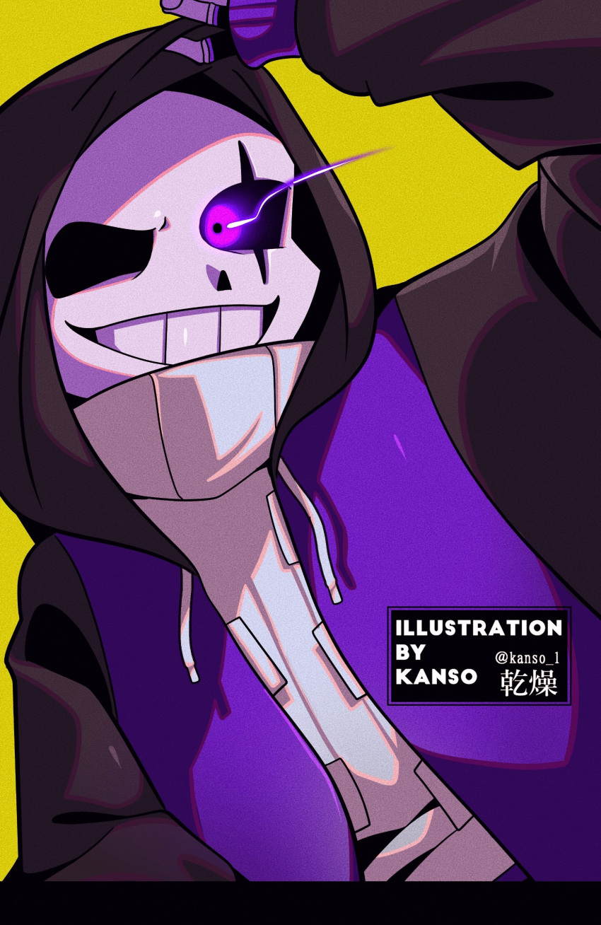 1boy, absurdres, alternate_universe, arm_up, bad_id, bad_pixiv_id, black_hood, commentary_request, epictale, glowing, glowing_eye, grin, highres, hood, hood_up, hooded_jacket, jacket, kansou_(kanso_1), long_sleeves, looking_at_viewer, male_focus, open_clothes, open_jacket, puffy_long_sleeves, puffy_sleeves, purple_jacket, sans_(undertale), scar, scar_across_eye, simple_background, skeleton, smile, solo, sweater, turtleneck, turtleneck_sweater, undertale, upper_body, violet_eyes, watermark, white_sweater, yellow_background