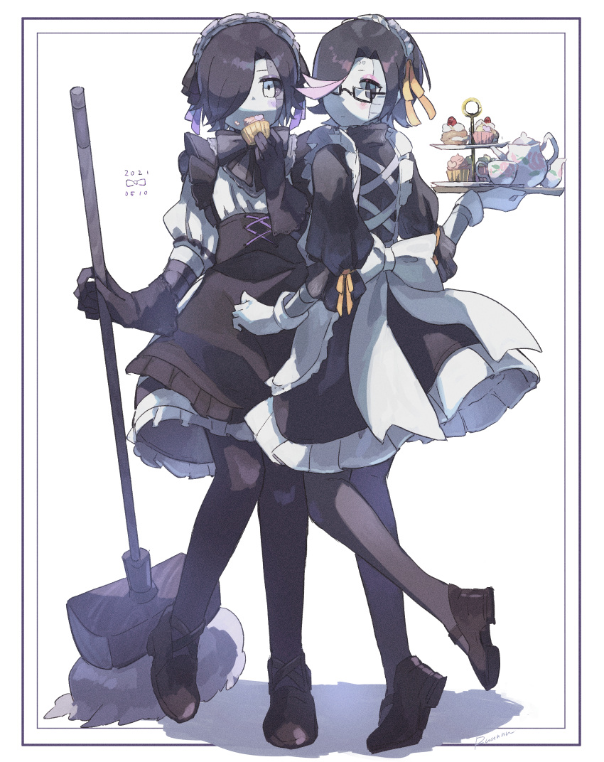 2boys, alternate_universe, androgynous, android, apron, artist_name, back_bow, black-framed_eyewear, black_apron, black_dress, black_eyes, black_footwear, black_gloves, black_hair, black_pantyhose, black_sclera, blush, bow, broom, closed_mouth, colored_sclera, commentary_request, cross-laced_apron, cross-laced_clothes, cup, cupcake, dated, dress, dual_persona, eating, epictale, eyeshadow, food, frilled_apron, frills, full_body, glasses, gloves, hair_over_one_eye, headdress, highres, holding, holding_broom, holding_food, holding_tray, inset_border, knees_together_feet_apart, lace-trimmed_gloves, lace_trim, looking_at_viewer, looking_back, maid, maid_apron, maid_headdress, makeup, male_focus, mechanical_arms, mettaton, mettaton_ex, multicolored_hair, multiple_boys, orange_ribbon, otoko_no_ko, pantyhose, petticoat, pink_eyeshadow, pink_hair, puffy_sleeves, purple_eyeshadow, purple_ribbon, rectangular_eyewear, ribbon, ribbon-trimmed_sleeves, ribbon_trim, romaji_commentary, ruannu, semi-rimless_eyewear, shadow, short_hair, simple_background, standing, standing_on_one_leg, teacup, teapot, tray, two-tone_hair, undertale, white_apron, white_background, white_bow, white_dress, white_eyes, white_gloves, white_headdress, xtale