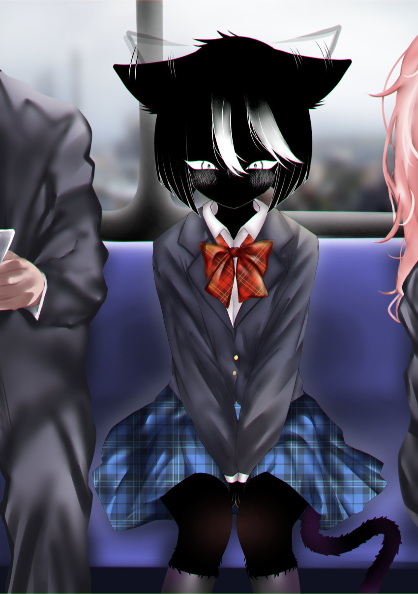 1boy, 2girls, afterimage, animal_ears, black_fur, black_hair, blazer, blue_skirt