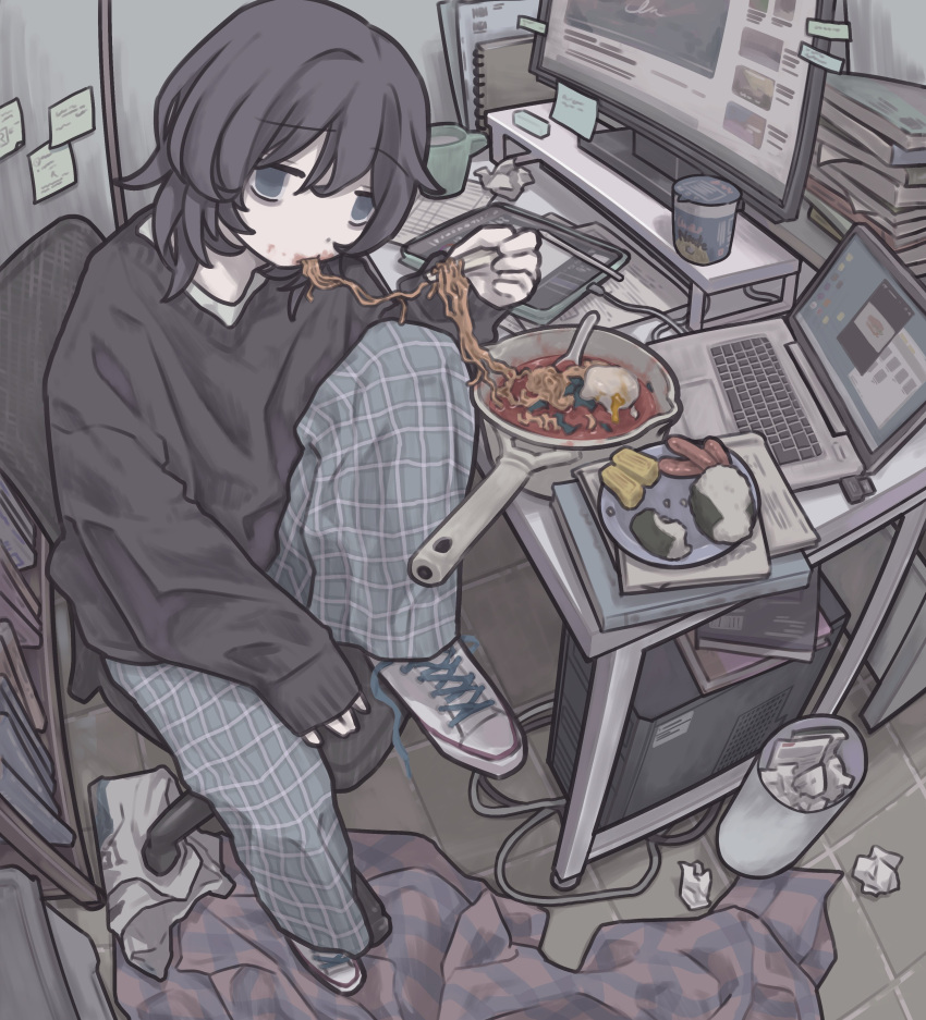 1girl, absurdres, bags_under_eyes, black_hair, black_sweater, blanket, blue_eyes, blue_pants