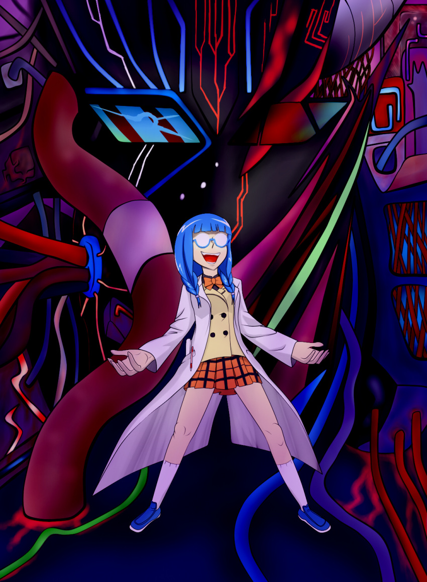 blazer, blue_hair, braid, gack-run, glasses, highres, hyakko, labcoat