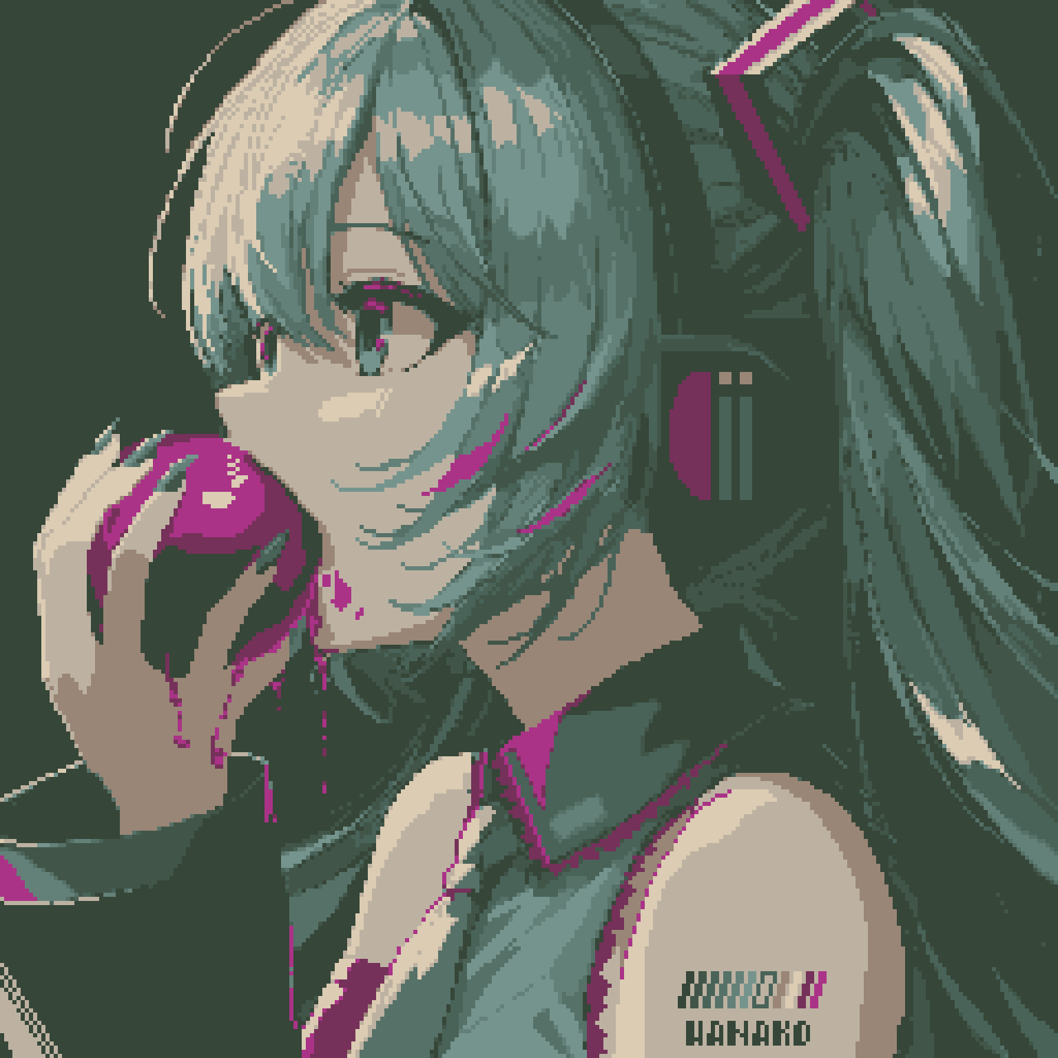 1girl, artist_name, bare_shoulders, black_background, blue_eyes, blue_hair, blue_nails, collared_shirt