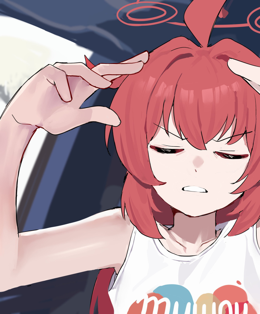 1girl, absurdres, ahoge, alternate_costume, arms_up, ayo_rimaisu, bare_arms, blue_archive
