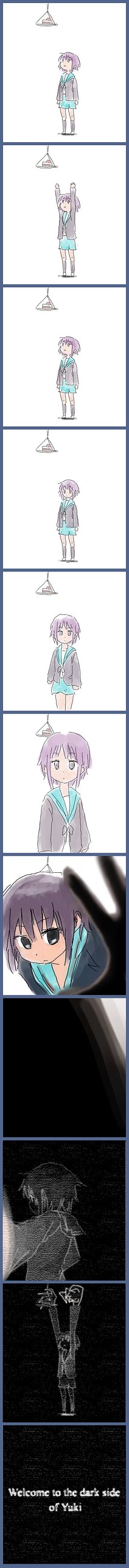 black, cake, cardigan, english, food, fourth_wall, highres, nagato_yuki