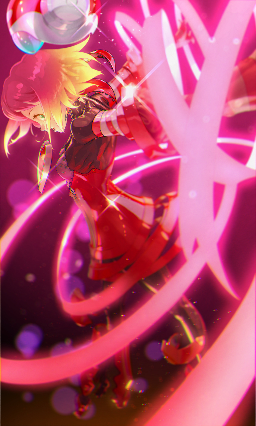 1girl, absurdres, armor, blonde_hair, dress, em_wave_change_(mega_man), green_eyes, harp_note_(mega_man), helmet, henshin, highres, mega_man_(series), mega_man_star_force_(series), mko_(artist), pink_background, power_armor, red_dress, red_helmet, solo, sonia_strumm_(mega_man), unworn_headwear, unworn_helmet