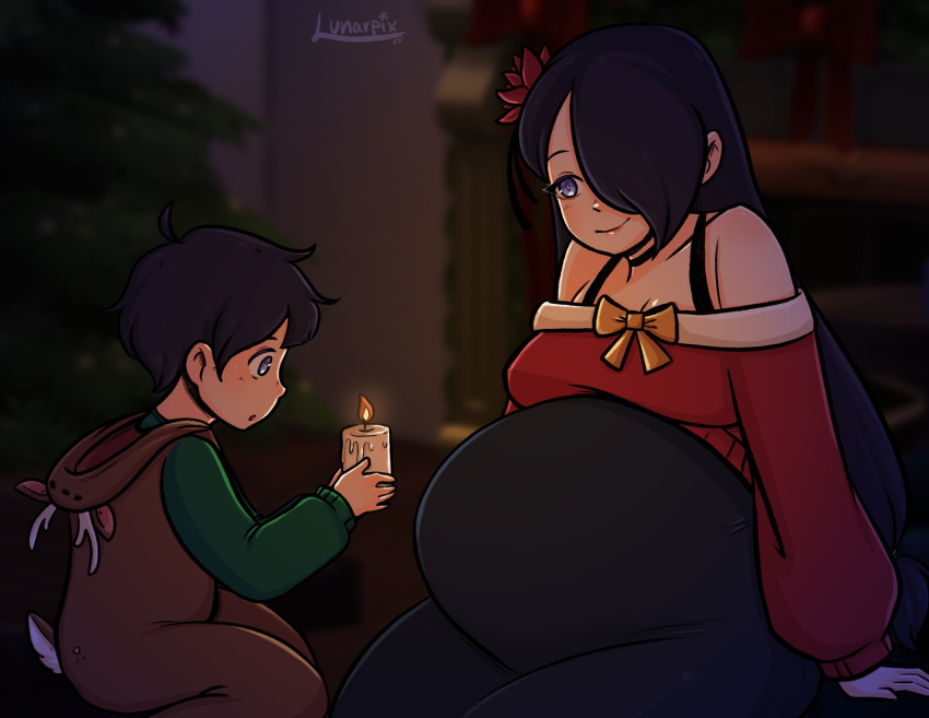 1boy, 1girl, artist_name, belly, big_belly, candle, christmas, closed_mouth