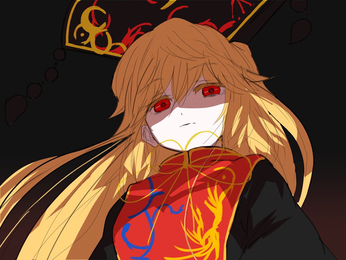 1girl, blonde_hair, chinese_clothes, commentary, dalachi_(headdress), fugur6_fugur9, gradient_background, junko_(touhou)